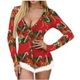 thumbnail image 2 of Pyjama de Noël pour Femmes, Imprimé Non Positionné, Col en V, Détail Plume, Manches Longues, Lingerie Sexy, 2 of 8