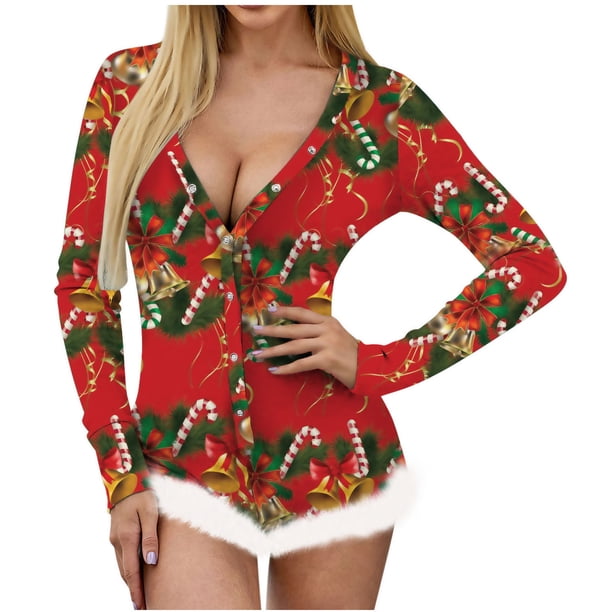 Pijama de lencería sexy de manga larga con detalle de plumas y cuello en V con estampado navideño para mujer Fridja nalpqowj17839