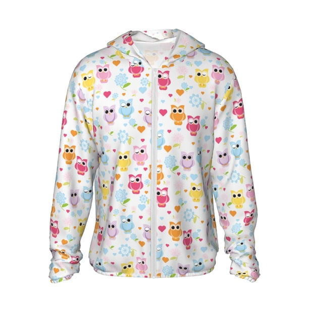 Balery Cute Owl Sudadera ligera de manga larga con capucha y protección solar UPF 50+ para hombre y mujer, ideal para pesca y running-Small