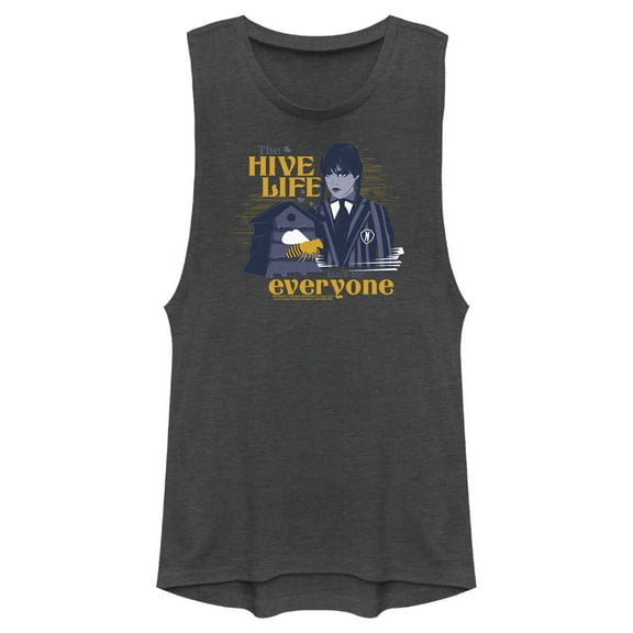 Junior's Wednesday The Hive Life Everyone Festival Muscle Graphic Tee Charcoal Small