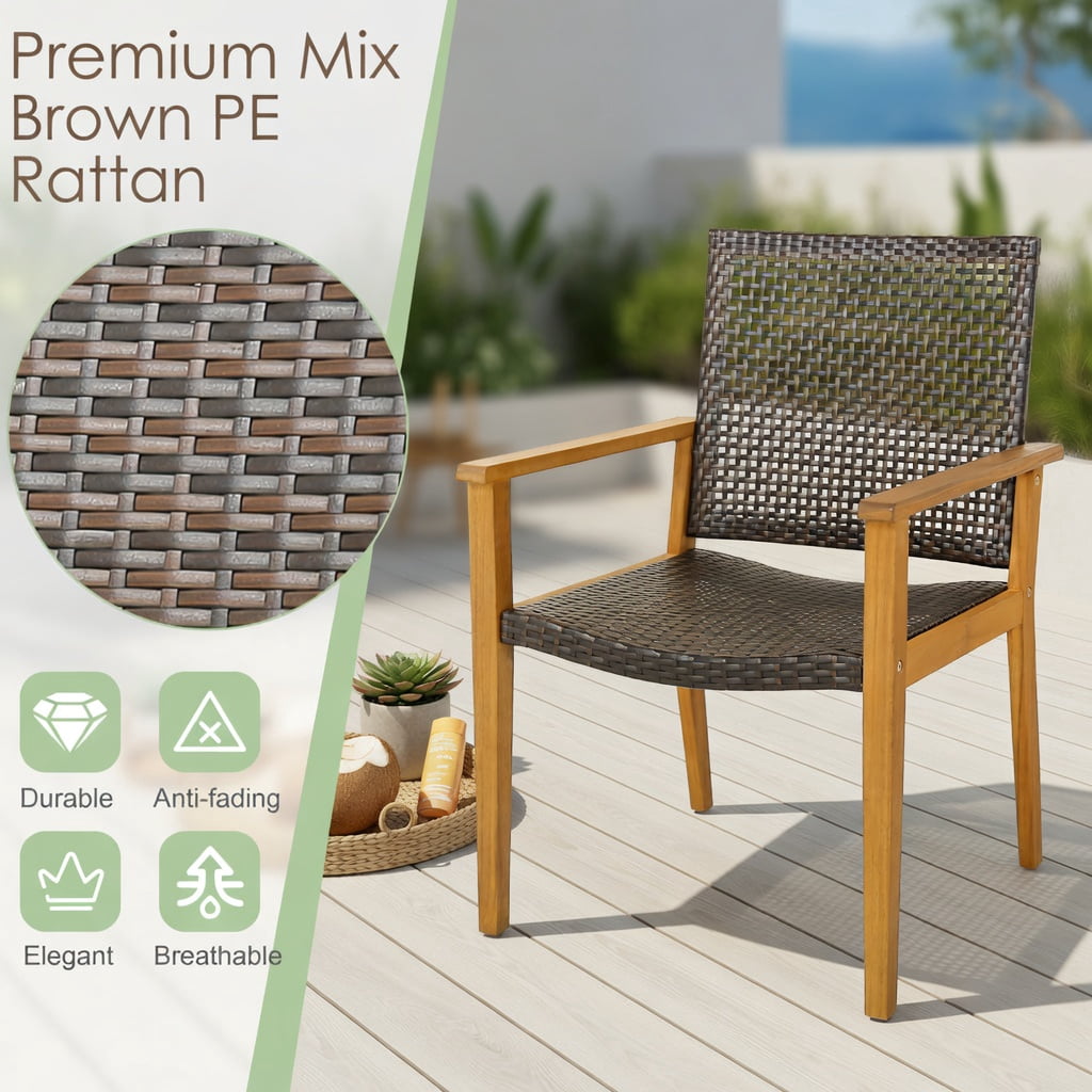 Hommoo Set of 4 Outdoor Rattan Dining Chairs with Natural Acacia Wood Frames, Weather-Resistant PE Wicker, Sturdy X-Frame Design, Ideal for Patio, Backyard, Poolside & Balcony, Brown