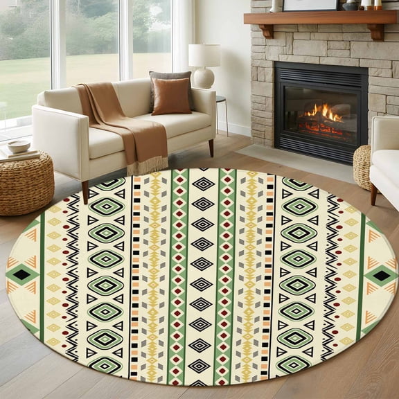 Round Rug 5Ft Washable Non-Slip, Beige Green Boho Circle Area Rugs for Living Room Bedroom, Vintage Ethnic Tribe Abstract Art Indoor Floor Mats Carpet Runner for Home Decor Aesthetic