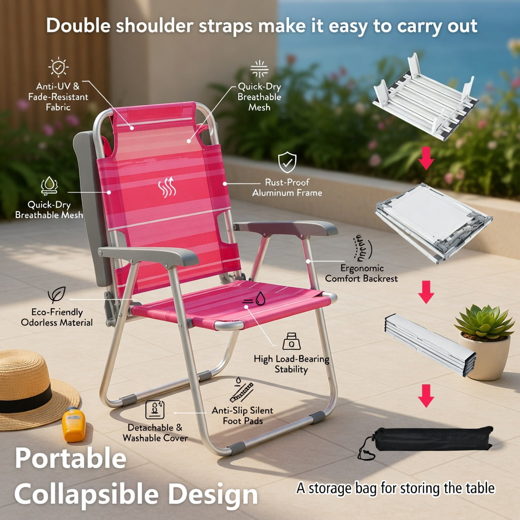 Hommoo 2-Piece Portable Outdoor Folding Beach Chair Set with Side Table, 5-Position Reclining Aluminum Chairs + Compact Folding Table, Hot Pink