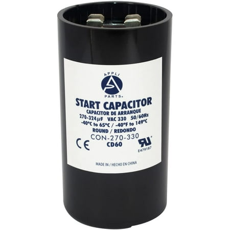 

Appli Parts motor start capacitor 270-324 Mfd (microfarads) uF 330VAC universal fit for electric motor applications 1-3/4 in Wide 4-3/8 in Height CON-270-330