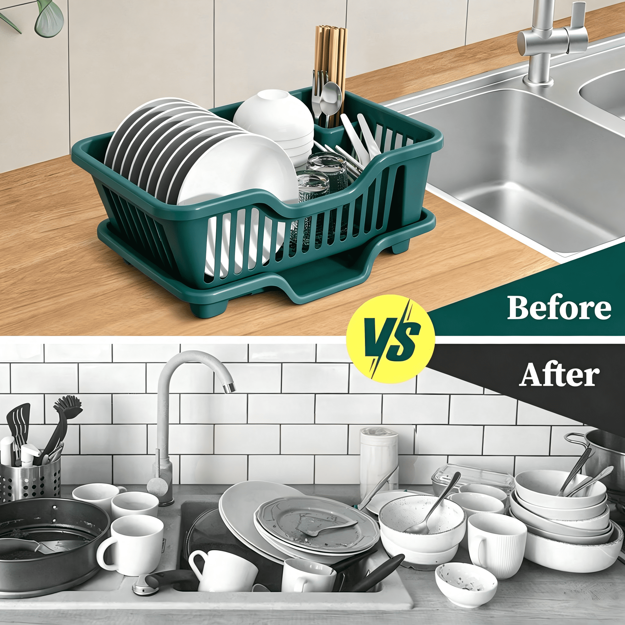 Dish Drying Rack Dish Strainers Cutlery Holder Utensils Holder Dish Rack and Drainaboard Set for Kitchen Countertop Dining Room Restaurant Dark Green