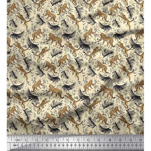Soimoi Silk Fabric Leaves & Leopard Animal Decor Fabric Printed Yard 42 Inch Wide