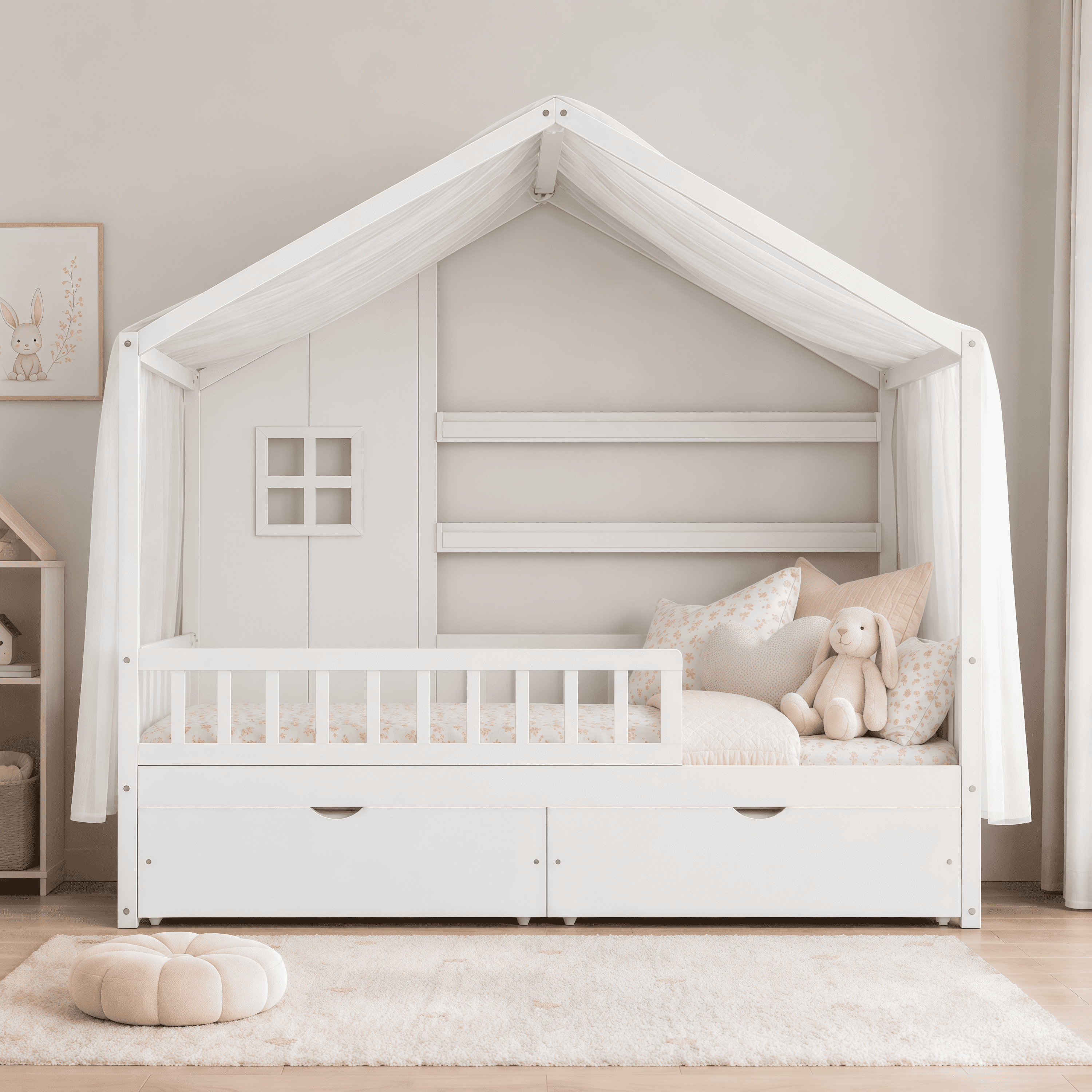 Euroco Wood Twin Size House Bed with Roof and Curtains, Montessori Floor Bed with Drawers and Safety Guardrails,No Box Spring Needed, White
