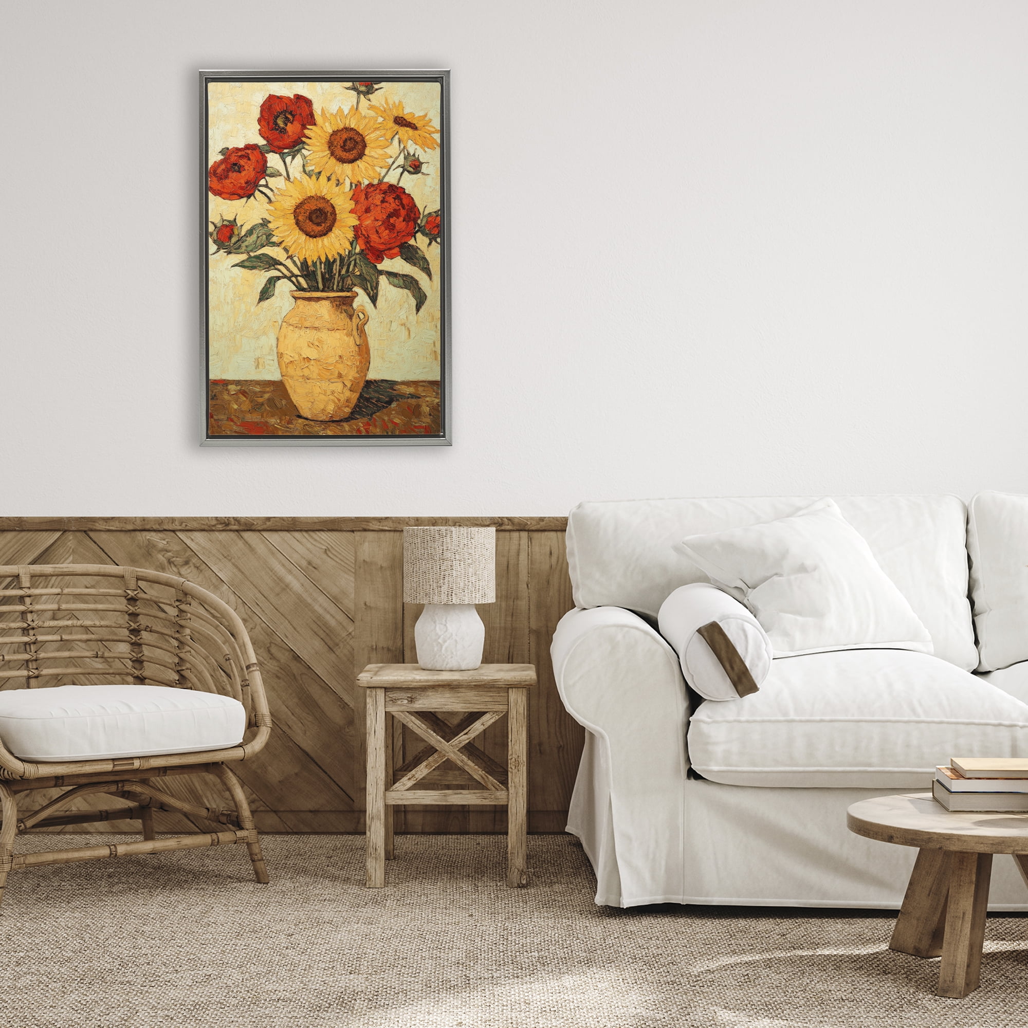 Rustic Flower Display Gray Framed Floater Canvas Wall Art, design by Petal Prints Design