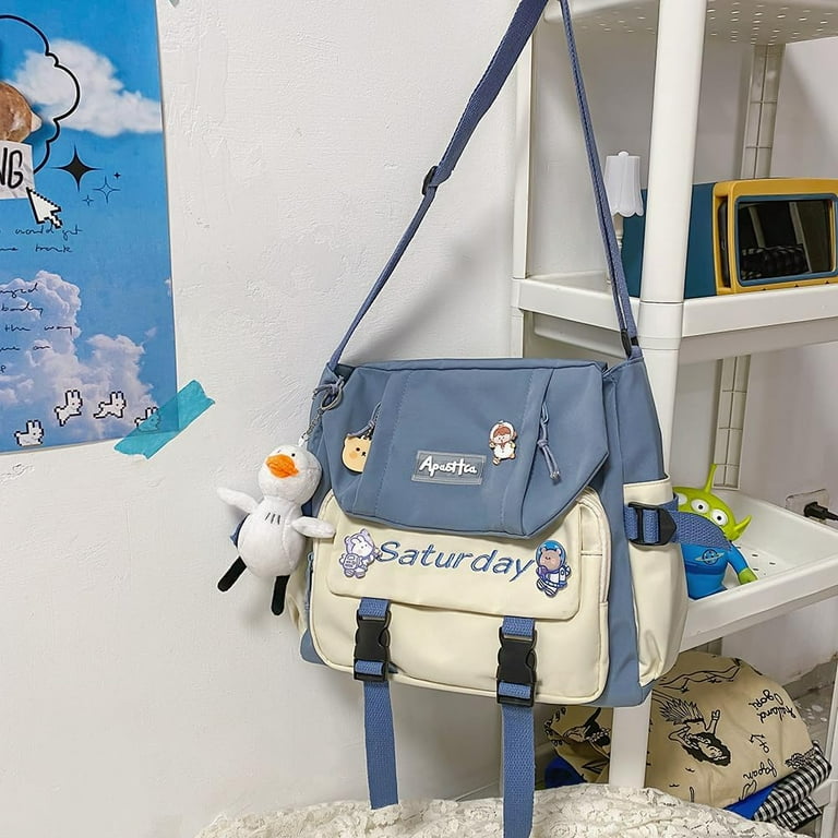 Aesthetic Messenger Bag with Stuffed Pendant and Pins Kawaii Aesthetic Messenger Bag with Stuffed Pendant and Pins Kawaii