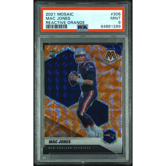 Mac Jones Patriots 2021 Mosaic Reactive Orange Prizm Rookie Card #362 PSA 9 Mint