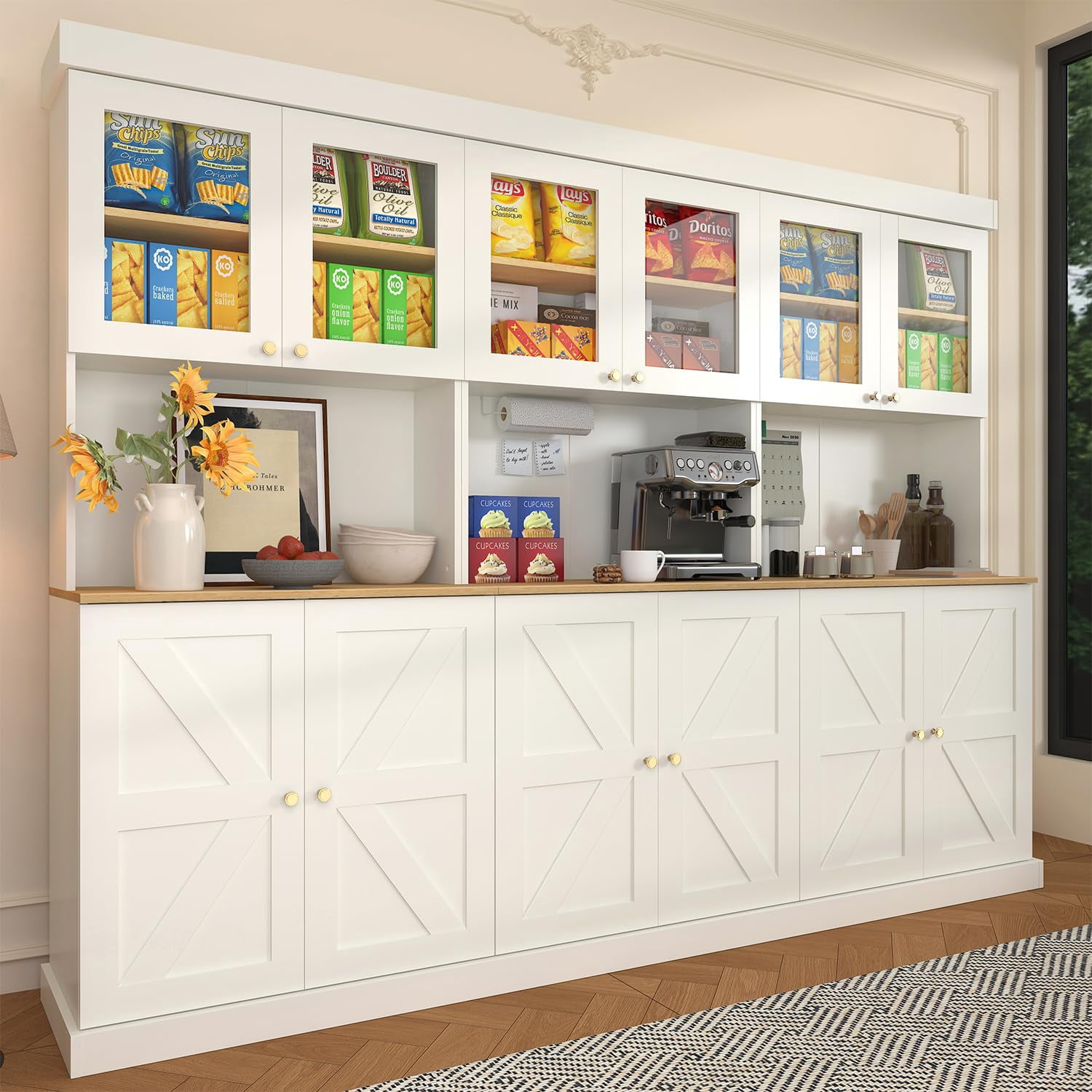 Sunix Farmhouse Pantry Cabinet Set of 3, 70.8" Tall, Freestanding Large Storage Cabinet with Glass Doors, Microwave Shelf, Adjustable Shelves