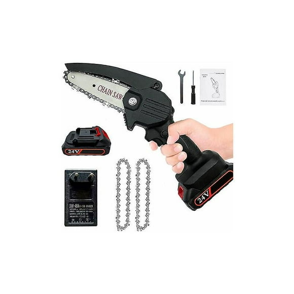 Battery Operated Mini Chainsaw With 1 Battery And 2 Chains, 4 Inches, Portable Rechargeable Chainsaw For Cutting Garden Branches, Chain Thickness 4mm