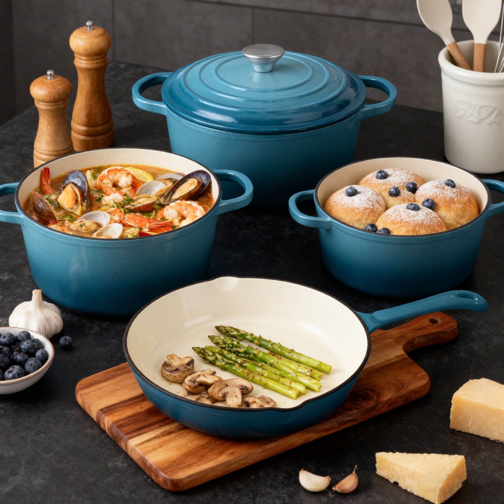 CAANNASWEIS 7 Piece Cast Iron Cookware Set, Pre-Seasoned Heavy Duty Pots and Pans Collection for Home Kitchen, Induction Compatible