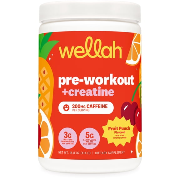 Wellah Pre-Workout   Creatine Powder (30 Servings) Fruit Punch - 200mg Caffeine, 3g Creatine Monohydrate, 5g Citrulline Malate, Pre-Workout with Creatine Supplement