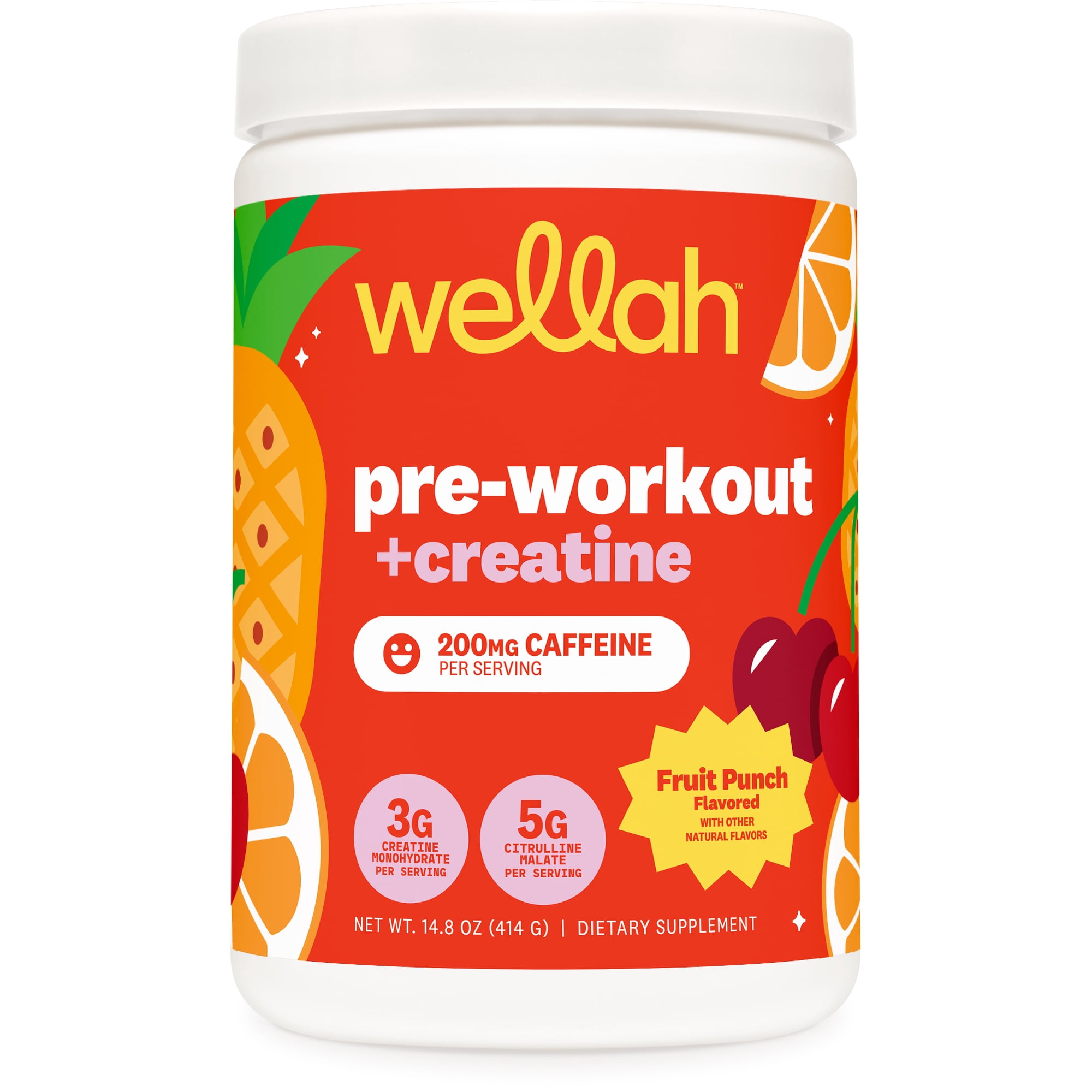 Wellah Pre-Workout + Creatine Powder (30 Servings) Fruit Punch - 200mg Caffeine, 3g Creatine Monohydrate, 5g Citrulline Malate, Pre-Workout with Creatine Supplement