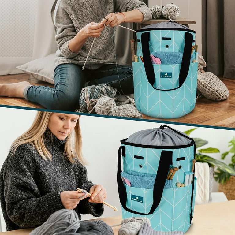 PAVILIA Knitting Bag Crochet Organizer Bag Yarn Storage Tote Knitting Accessories Supplies Yarn Holder for Knitting with Grommets Needles Hooks