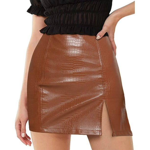 Xishao Falda de piel sintética para mujer, cintura alta, sexy, dividida, mini lápiz corto Xishao ropa