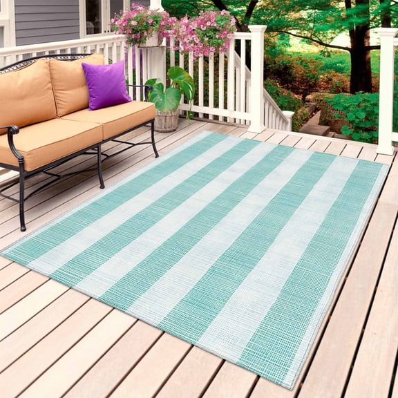 Aqua Striped Outdoor Rug for Patio/Deck/Porch, Non-Slip Large Area Rug 6 x 9 Ft, Rustic Farmhouse Stripes Indoor Outdoor Rugs Washable Area Rugs, Reversible Camping Rug Carpet Runner