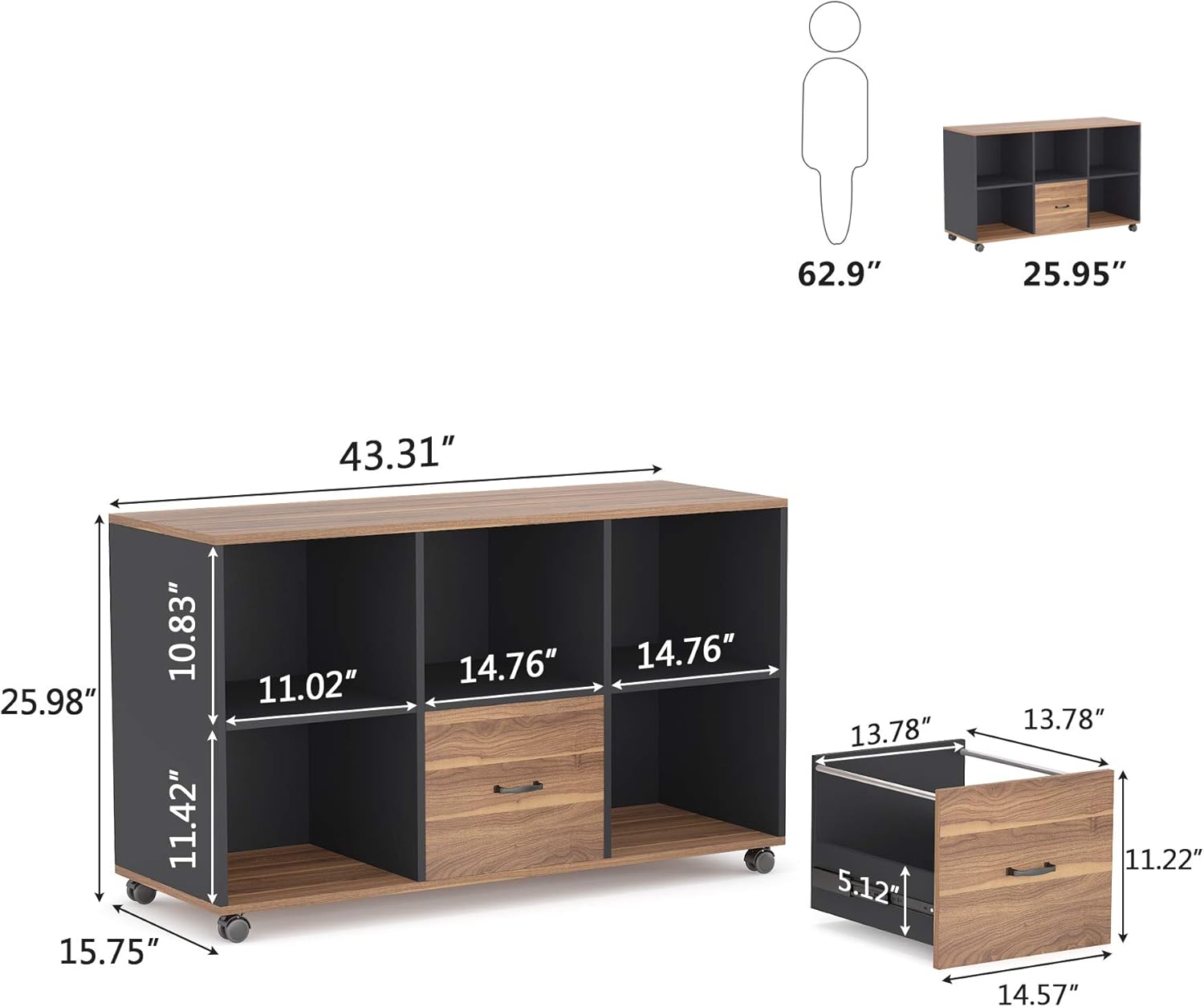 Tribesigns 55 Inch L Shaped Executive Desk and 43" Lateral File Cabinet, 2 Drawers and 4 Cubes, Walnut and Black