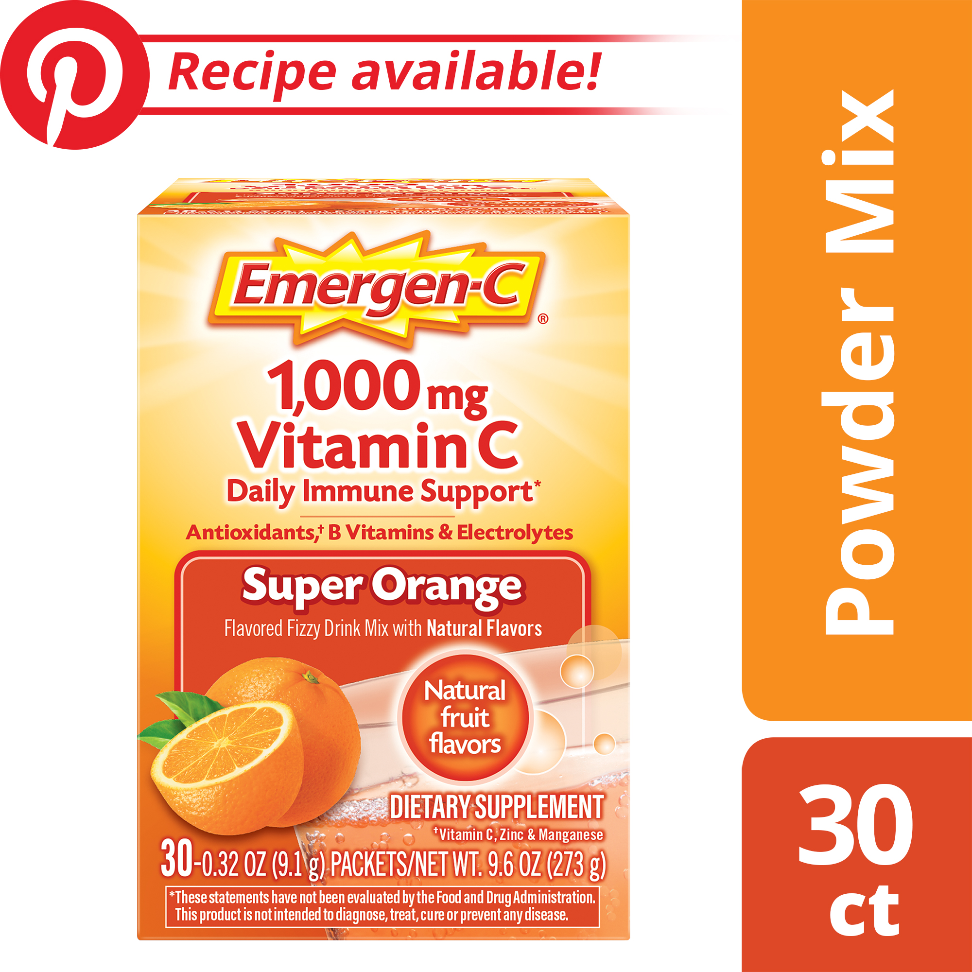 EmergenC Vitamin C Drink Mix, Super Orange, 1000 mg, 30 Ct