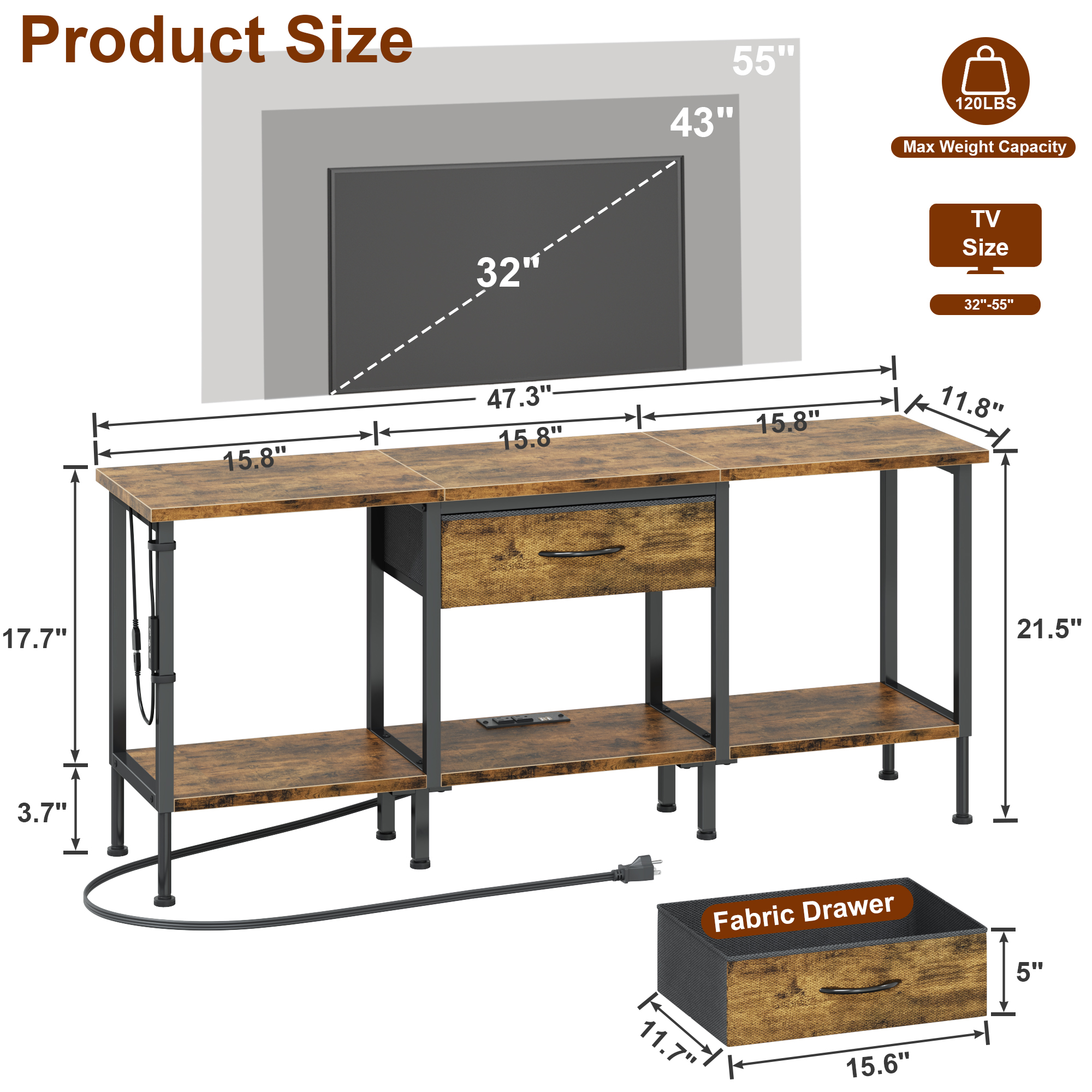 HIGDBFE 47" TV Stand with LED Lights & Fabric Drawers, Brown photo 5