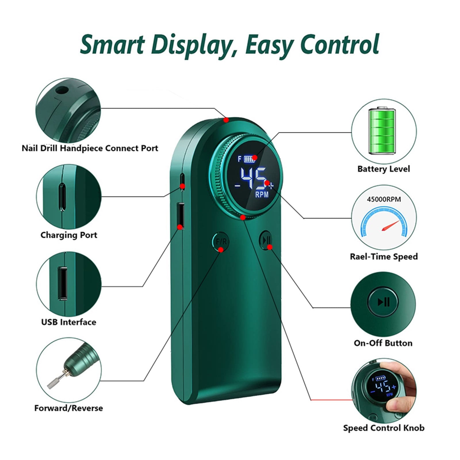 45000RPM Electric Nail Drill Machine, Rechargeable Manicure Machine With LCD Display, Portable Cordless Drill Set Nail Art Tools ,Low Noise