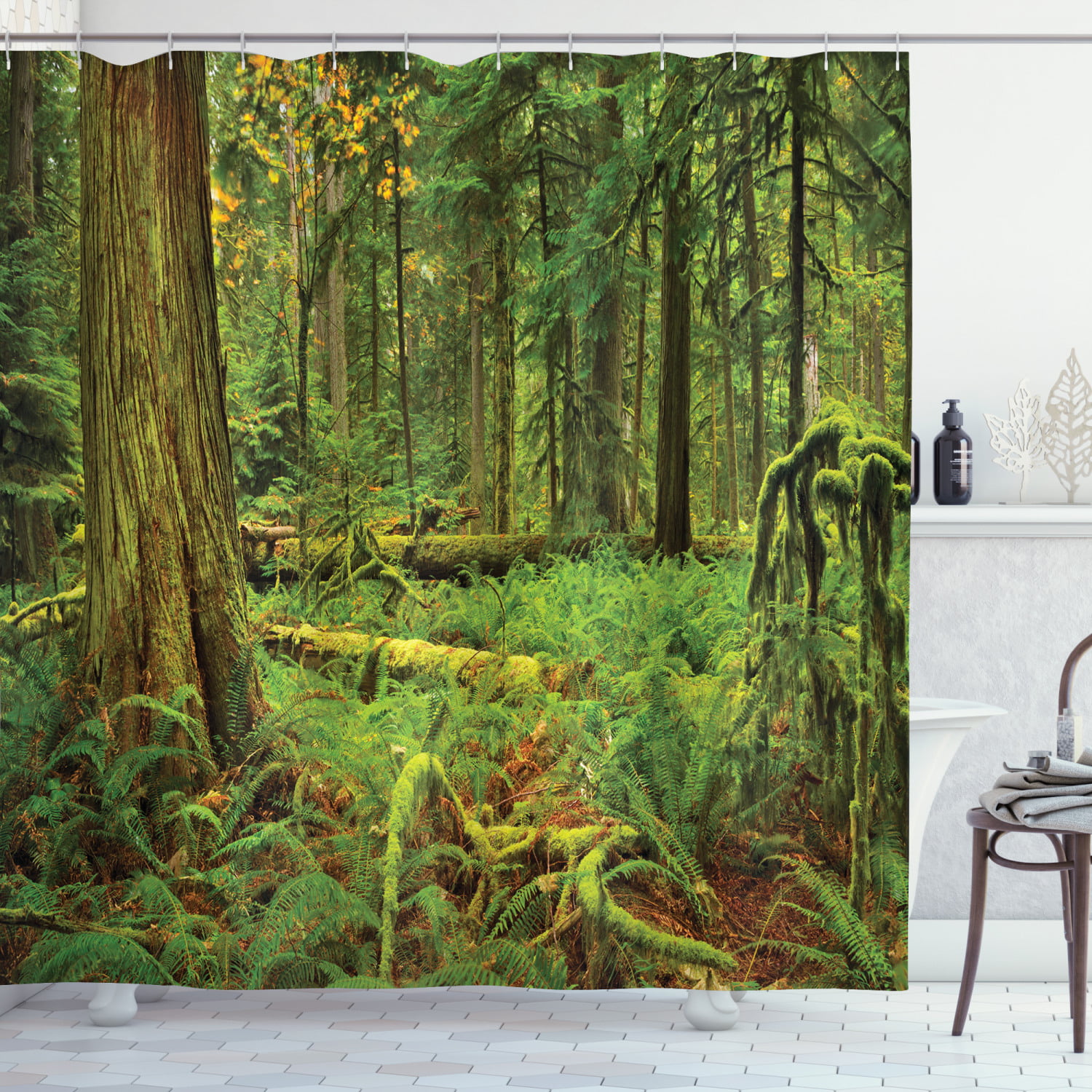 Lush Rainforest with Bushes Ferns Jungle Bathroom Fabric Shower Curtain Set 71" 