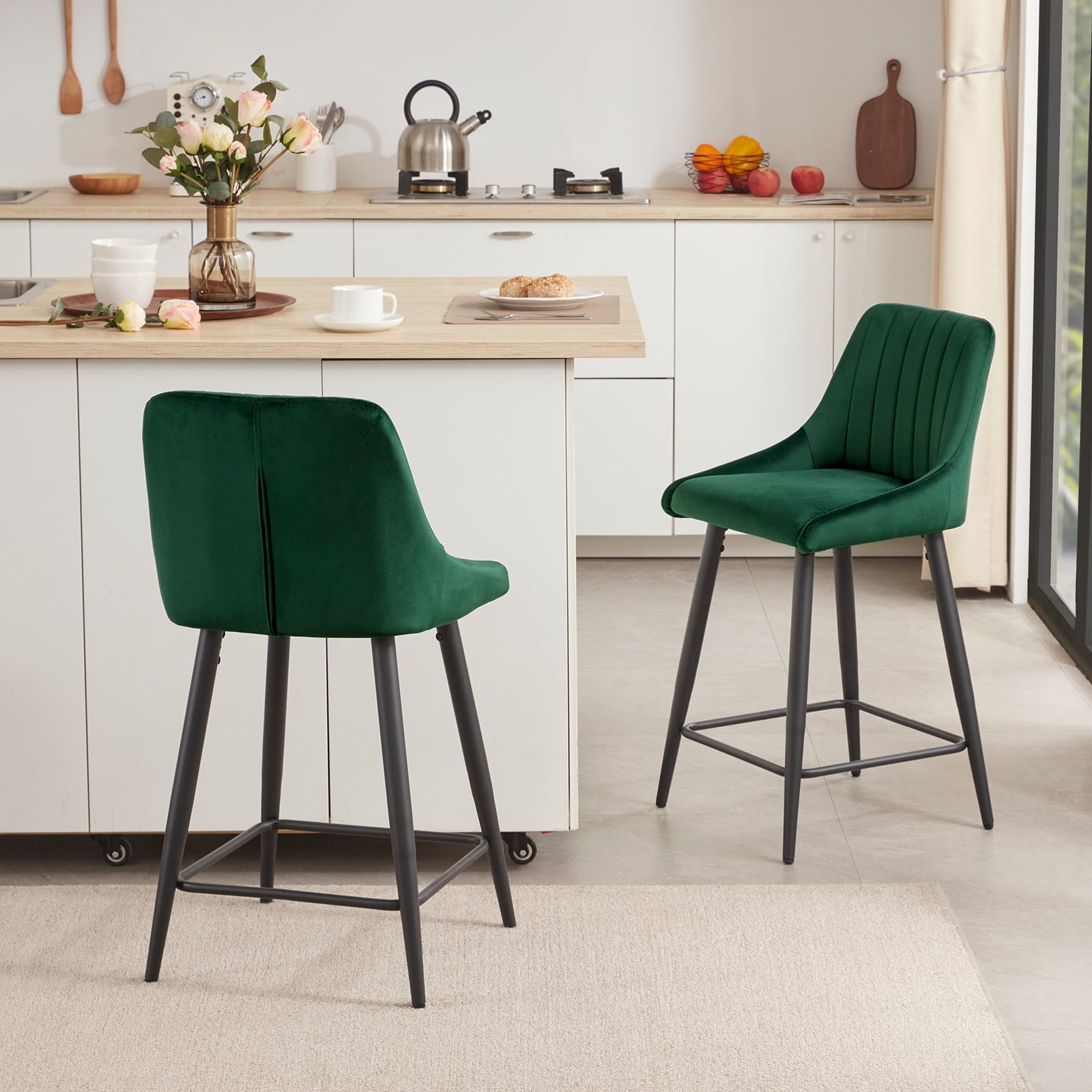 Duhome Counter Stools Set of 2 Velvet Upholstered Barstools with Back