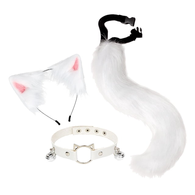 Sonducket 3x conjunto de orejas y cola de zorro de peluche para mujeres y niñas, conjunto de gargantilla con cuello y cuello Disfraces de disfraces blanco