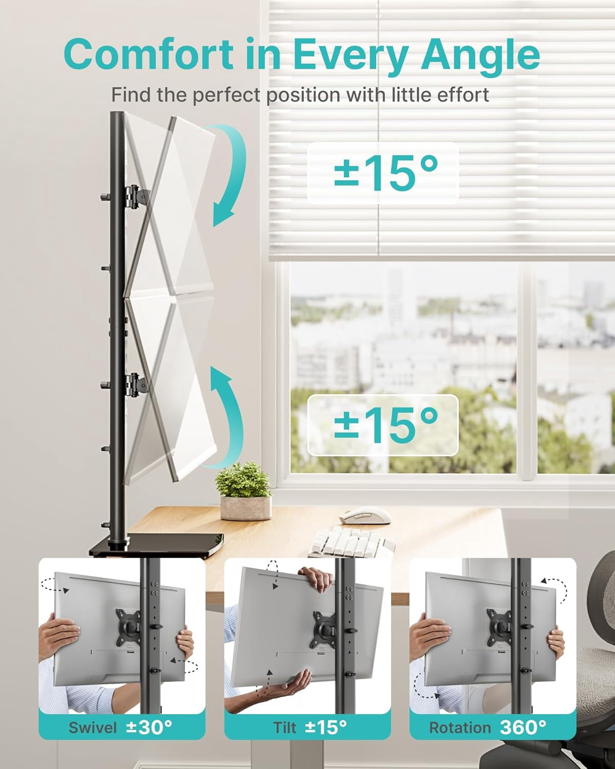 Vertical Dual Monitor Stand for 17–34 Inch Screens, Stacked Monitor Mount with 33.3" Pole & 12 Height Settings, Freestanding Desk Monitor Riser, Full Motion ±45° Tilt ±30° Swivel, 75/100 VESA