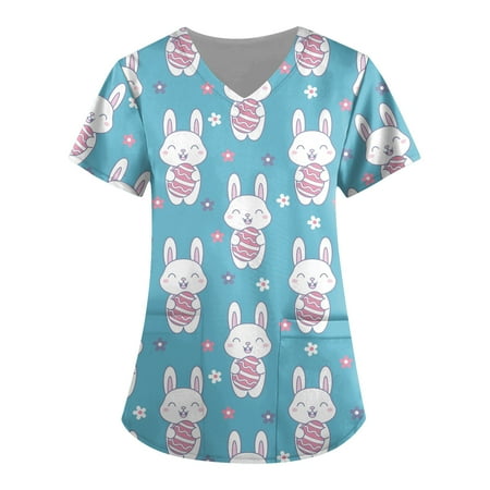 

Fragarn Scrub Tops Women Print Print Nurse Uniforms for Women Short Sleeve V-Neck Shirts Tee Tops with Pockets(Blue XL)