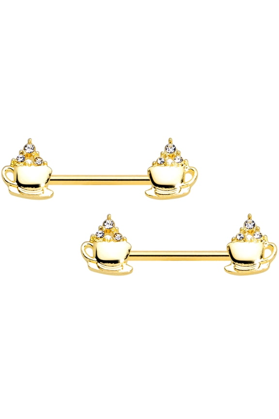 14G Womens Nipplerings Piercing PVD Steel Clear Accent Tea Cup Hot Cocoa Nipple Ring Set 9/16"
