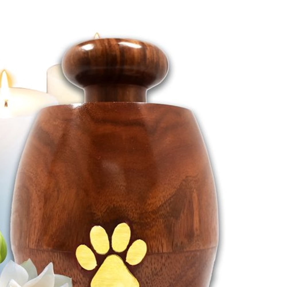 Lindia Artisans Beautiful Wooden Pet Urn Jar with Brass Paw Print (Small Size, Supports 15 lb Pet) - Rosewood Pet Cremation Urn - Perfect Memorial Pet Urns for Dog and Cat Ashes