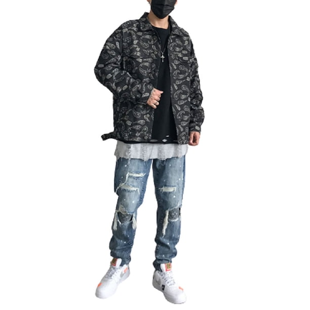 Chaqueta de mezclilla estilo hip hop, con estampado de flores de anacardo retro