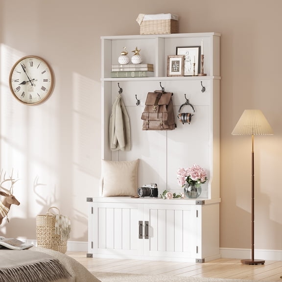 3-in-1 Hall Tree Entryway Organizer – Bench with Adjustable Shoe Storage, 5 Hooks, Open Cubbies, Multifunctional Design for Mudroom, Foyer, or Living Room – Easy Assembly, White