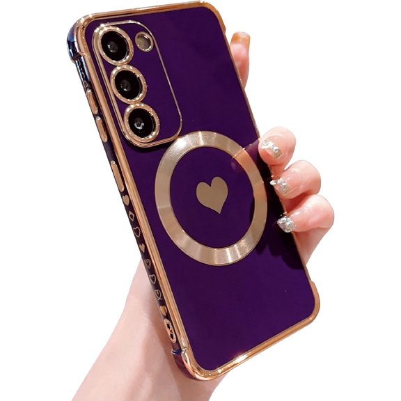 Magnetic Charging Case for Samsung Galaxy S23 Plus 6.6 ‘’ [ Compatible with MagSafe ] Cute Heart Plating Shockproof Soft Bumper Case with Full Camera Lens Protection for Women (Deep Purple)