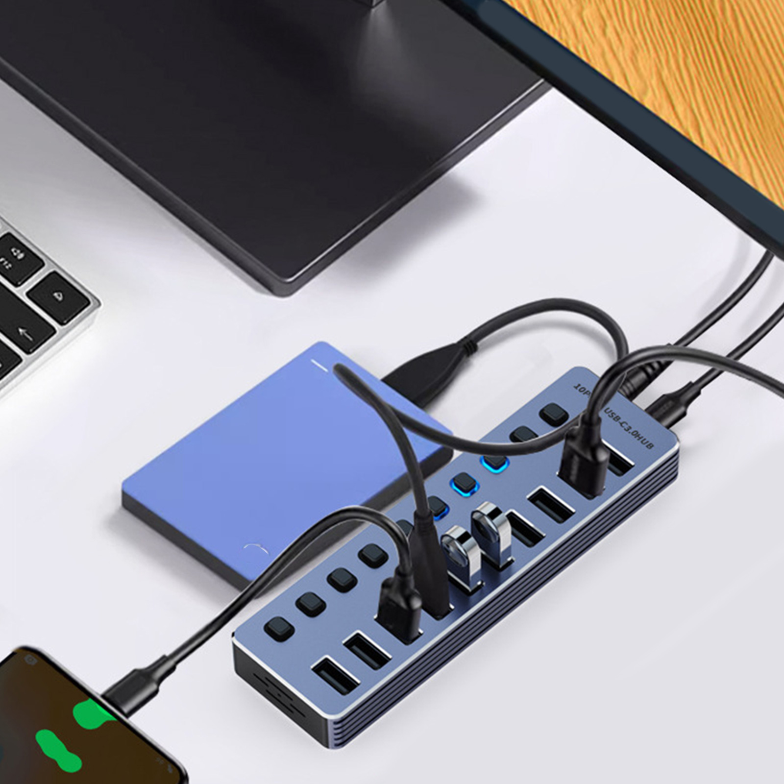 Aluminum USB3.0 Docking Station 4/7/10 Port Charging Adapter for Efficient Data Transfer and Power Management