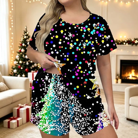 LEKWK Christmas Pajamas for Women Plus Size Printed Short Sleeve Crewneck Tops and Shorts 2 Piece Lounge Sets Soft Comfy Home Sleepwear Red XXXXL