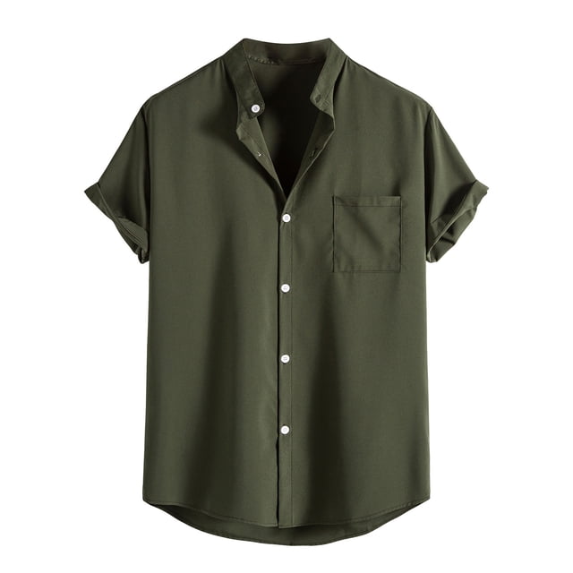 Camisa casual de cuello alto de manga corta de color sólido para hombre Pompotops oipoqjl24315