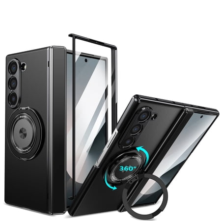 Dteck Magnetic for Samsung Galaxy Z Fold 5 Case with Tempered Glass Screen Protector & Hinge Protection, Metal Bracket Rotating Ring Kickstand Full Body Shockproof Protective Phone Cover,Black