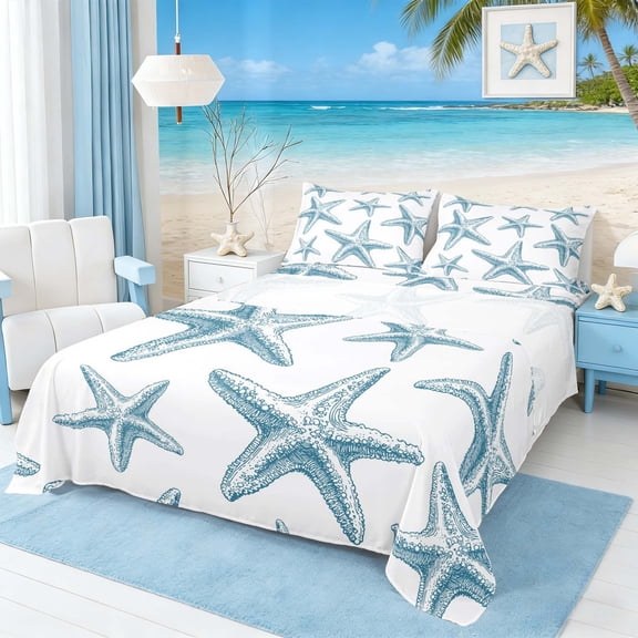Manfei Blue White Starfish Full Size Sheets for Kids Boys and Girls, Marine Life Print Bed Sheets 4pcs, 1 Flat Sheet, 1 Fitted Sheet and 2 Pillowcases
