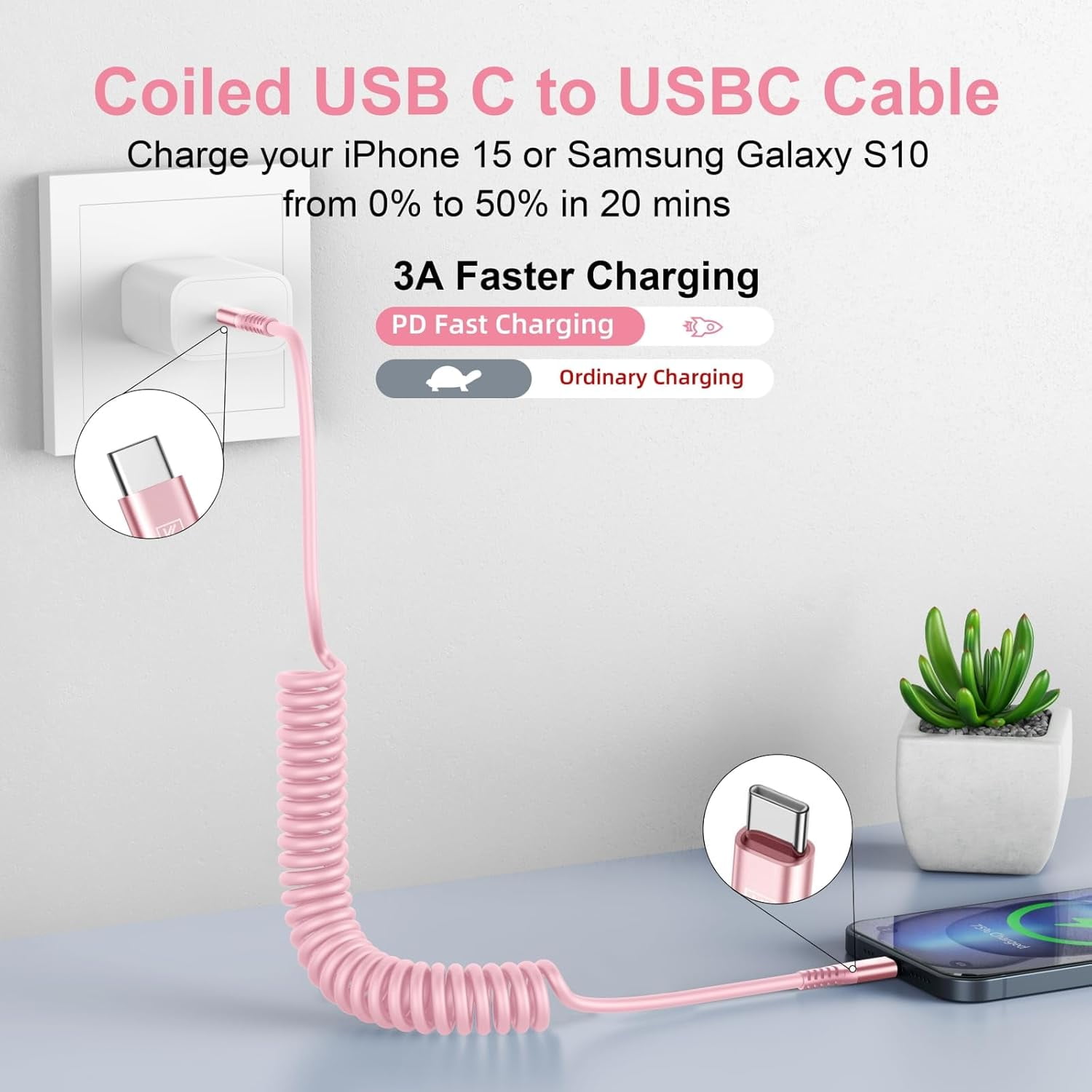 JJEAN-USB C to C Cable 6FT, 2Pack Coiled USB C Fast Charging Cable for Car, CarPlay iPhone USB-C Cable/Android Auto USB C Cord, USB Type C Cable for iPhone 17/16/15/Pro Max/Samsung Galaxy S23 and Mor