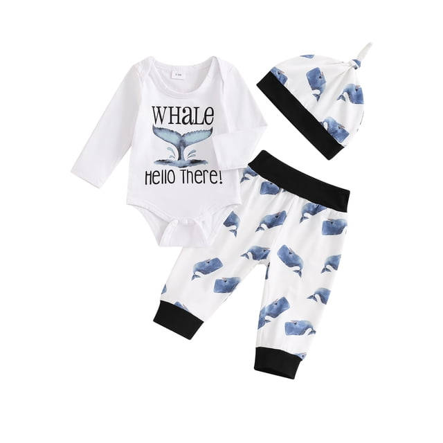 Gupgi Newborn Baby Boy Ocean Whale Clothes Letters Print Long Sleeve White Romper+ Pants+Hat 3PCS Outfit