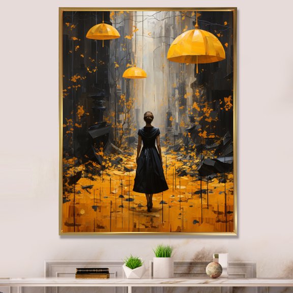 Designart "Stylish Woman With Yellow Umbrella" Fashion Floater Framed Canvas Art Print