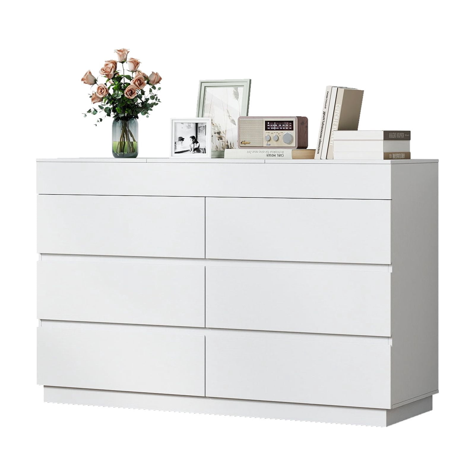 Six-drawer Cabinet With Mirror, White Embossed P2 12mm Particleboard With Melamine Veneer, 120*40*85.5cm