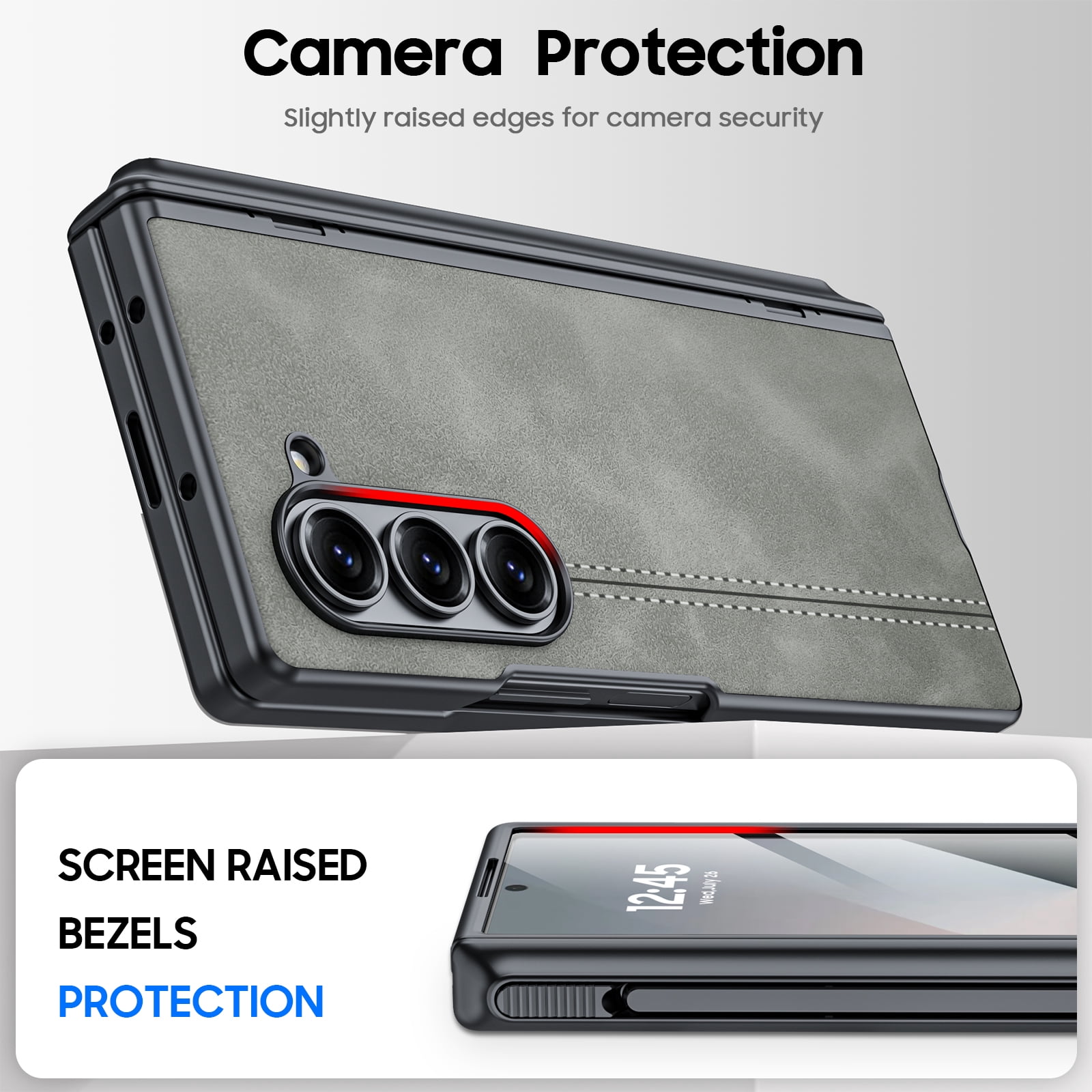 Vizvera for Samsung Galaxy Z Fold 6 Phone Case with S Pen Holder [Hinge Protection & Screen Protection] PU Leather Matte PC Shockproof Case-Gray