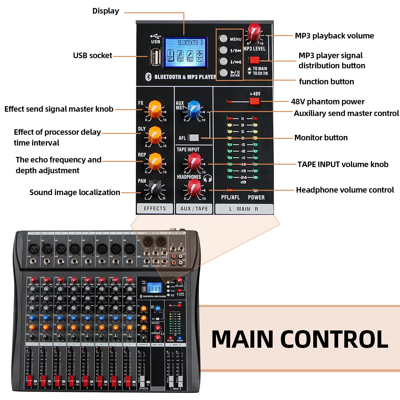 Depusheng DX8 Sound Controller Interface 8 Channel Digital USB Bluetooth MP3 Computer Input 48V Phantom Power Stereo DJ Studio