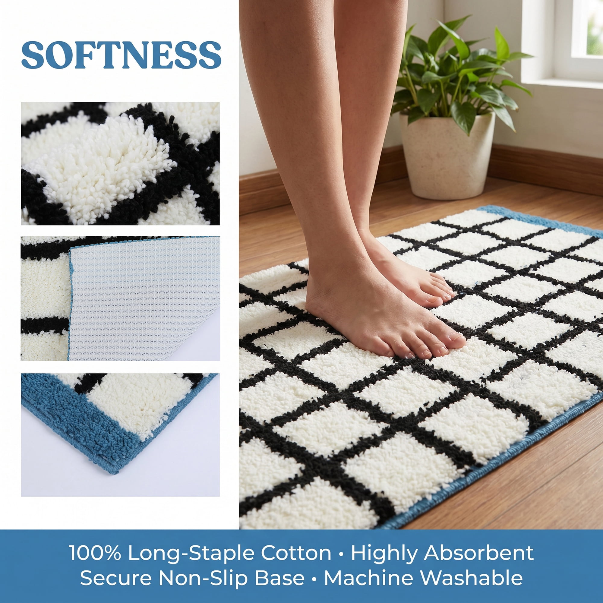Unique Bargains Soft Absorbent Plush Non Slip Machine Washable Bath Mat Blue 24" x 16"