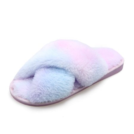 

CoCopeanut Winter Mixed-Color House Women Fur Slippers Rainbow Color Bedroom Girls Plush Shoes Open Toe Indoor Ladies Furry Slippers