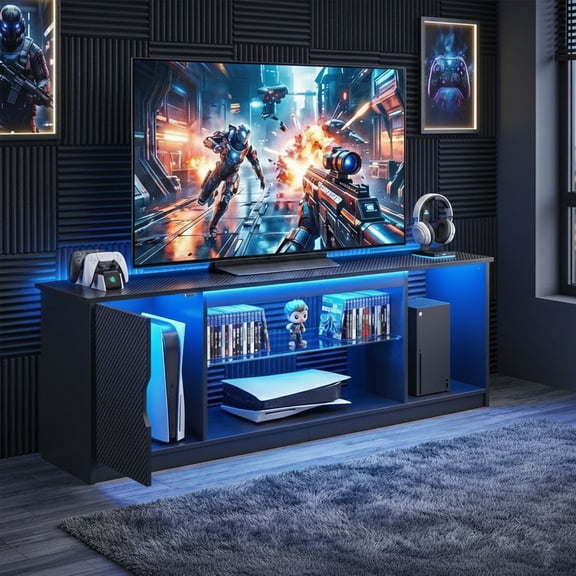 Bestier LED TV Stand for TVs up to 65", Entertainment Center with Power Outlet & Storage Cabinet, Carbon Fiber